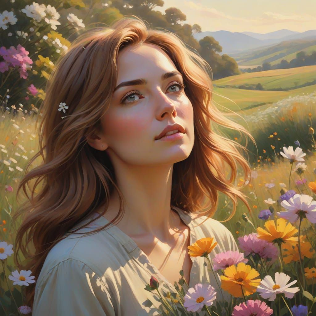 Man and Woman in Flower Field, Digital Art