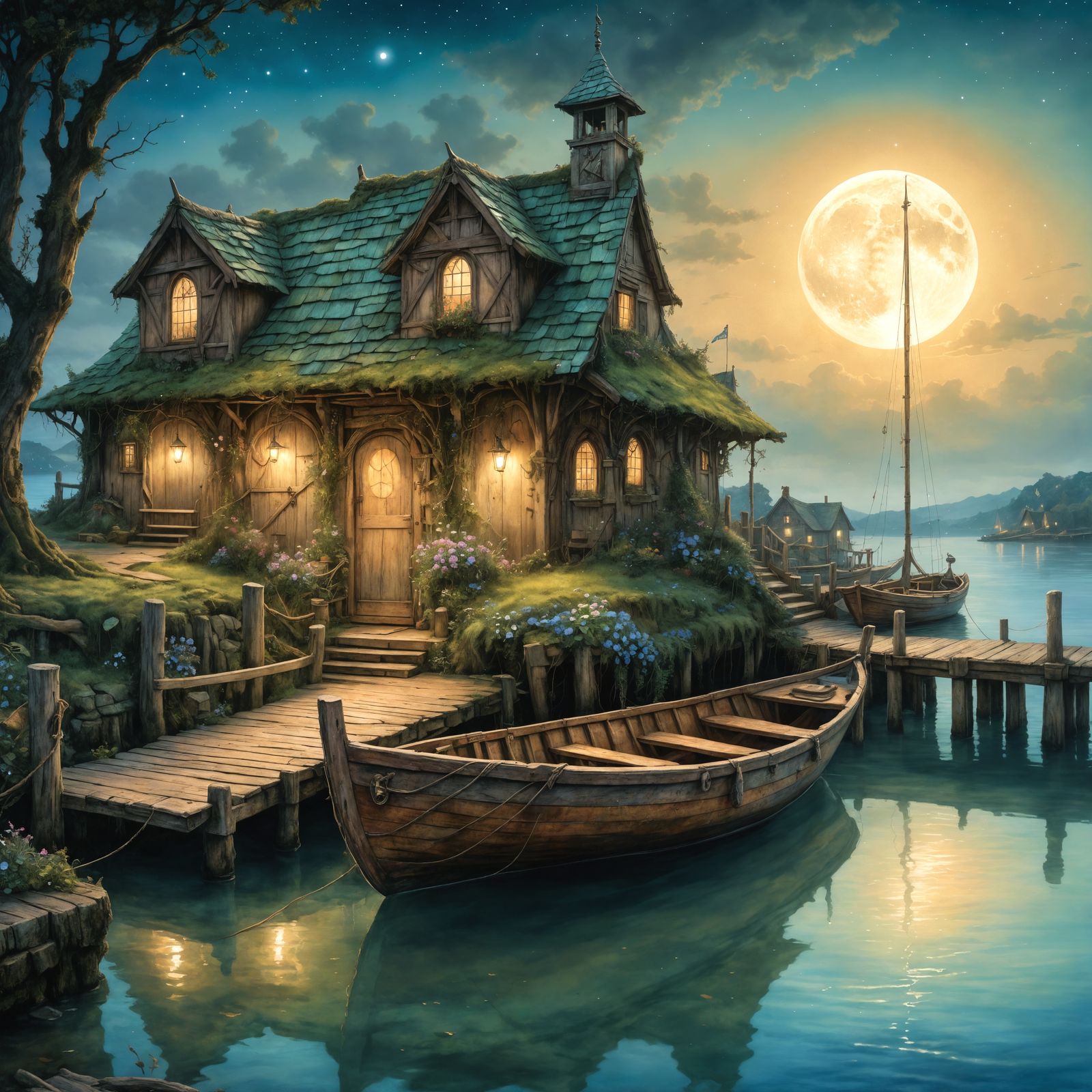 Moonlit Fairy Village Watercolor Illustration