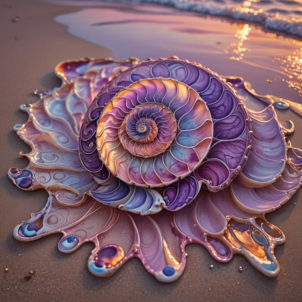 Nautilus Shell Mandala on Beach at Sunset