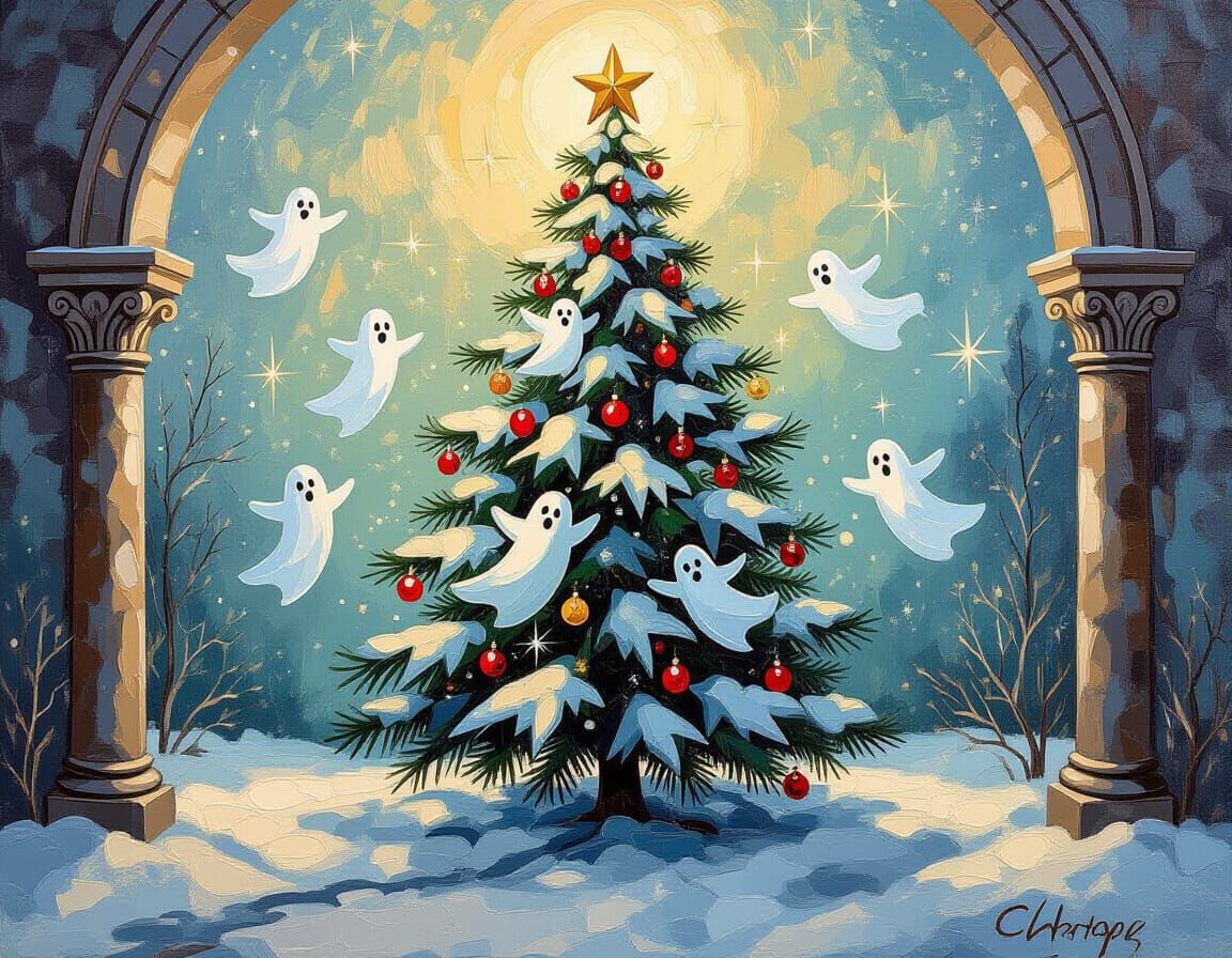Surreal Christmas Crypt Scene with Dancing Ghosts