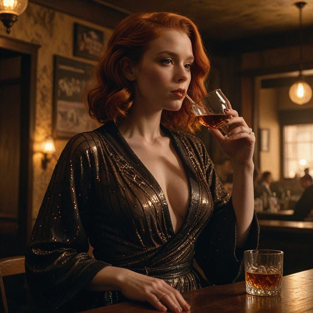 1920s Redhead in Smoky Bar: A Film Noir Still