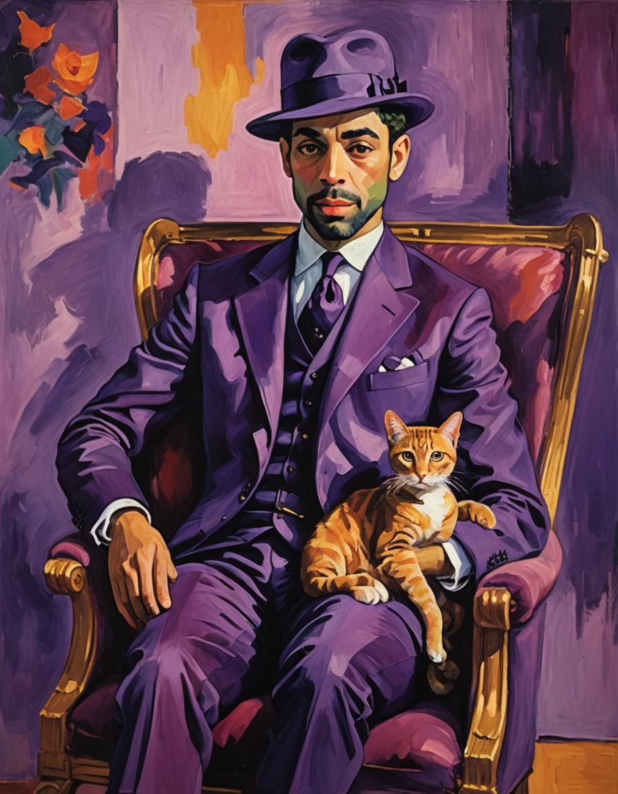 Fauvist Portrait of Person in Purple Holding Cat