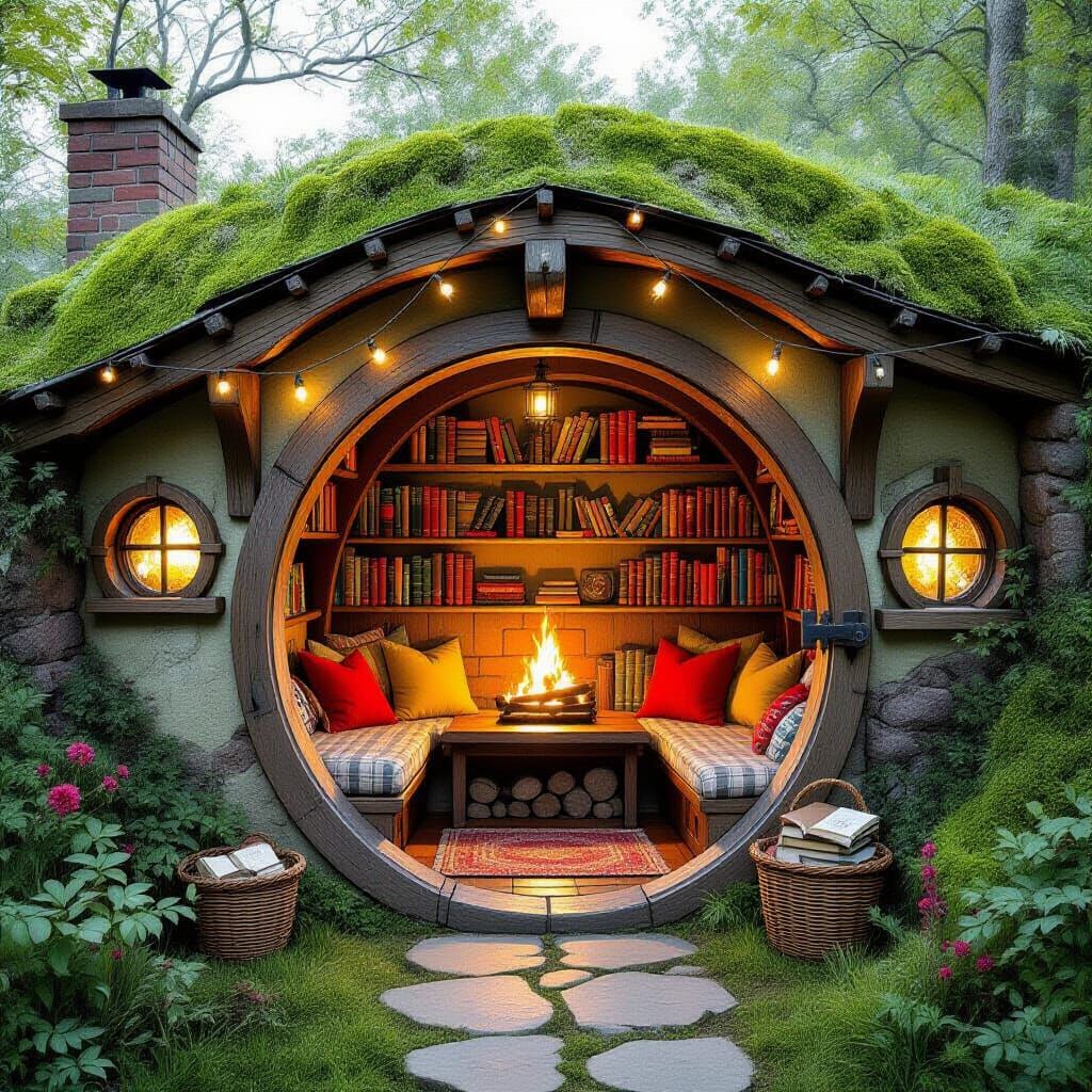 Charming Hobbit Hole Reading Nook Illustration