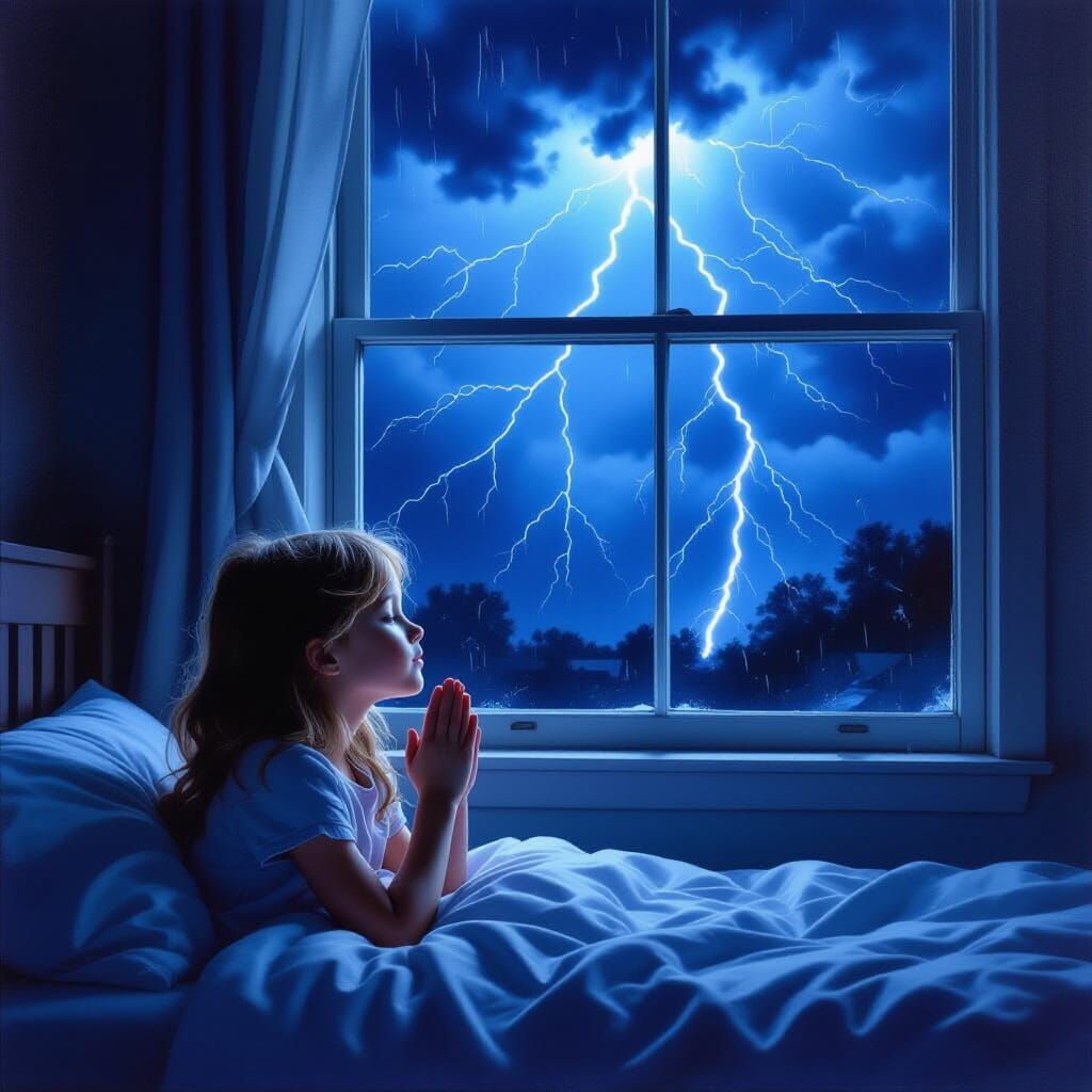 Girl Praying in Bed During a Thunderstorm, Painterly Style