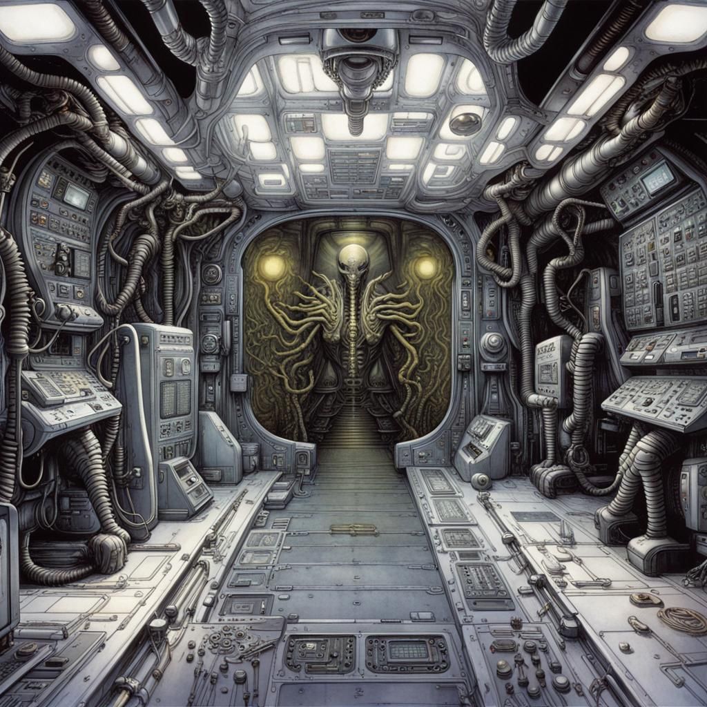16k resolution, art by H.R. Giger, Yoshitaka Amano. Space station control room, biomechanical interfaces, alien technolo...