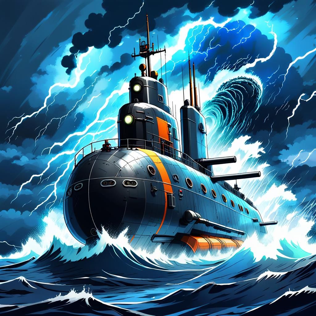 Anime Submarine Sails Stormy Seas Under Electric Lightning