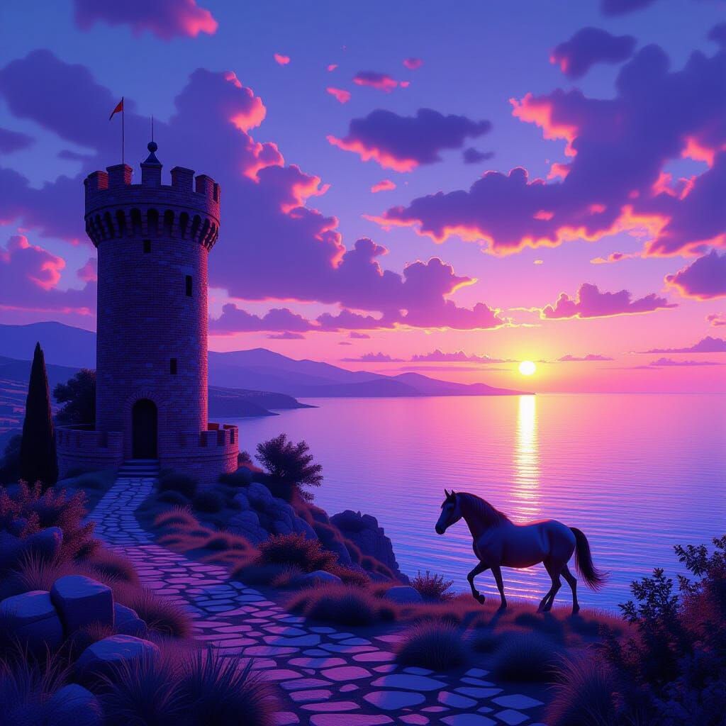 Tuscan Sunset: Tower, Sea, and Running Horse