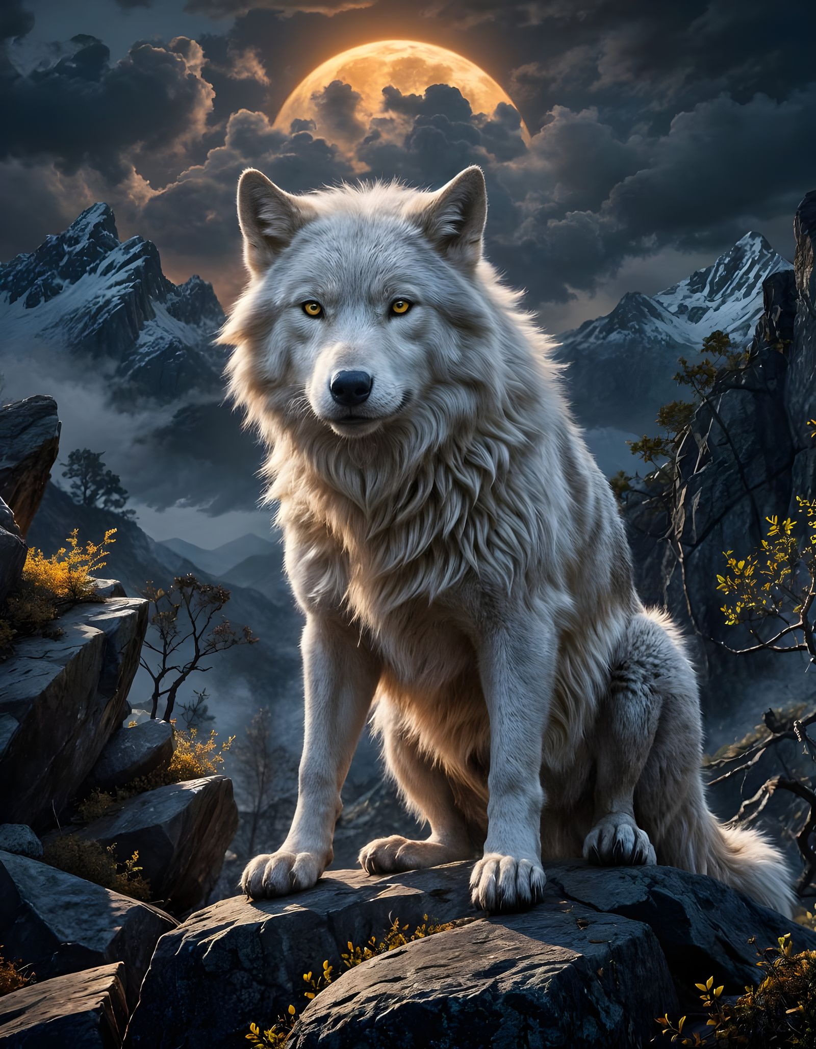 Majestic White Wolf on Rock Under Moonlight