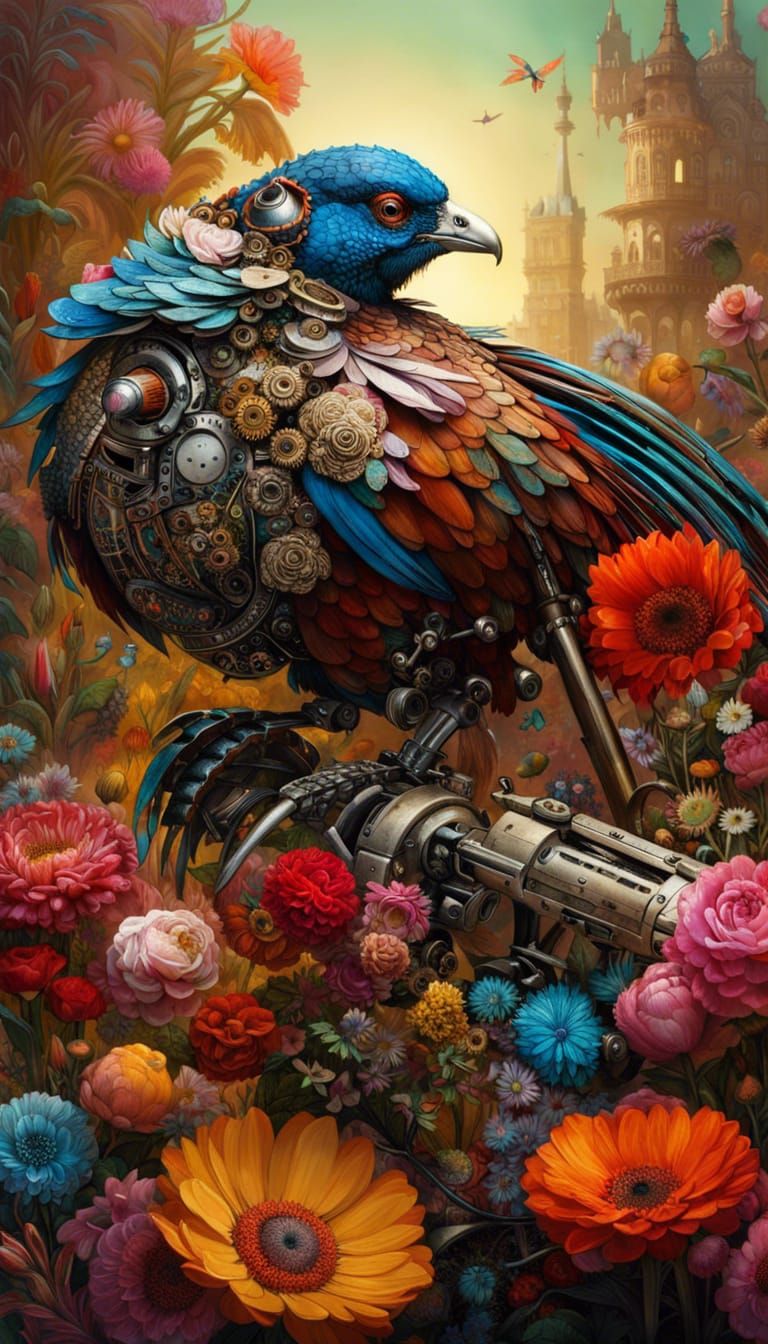 Robot Pheasant in Floral Display: Detailed Digital Art