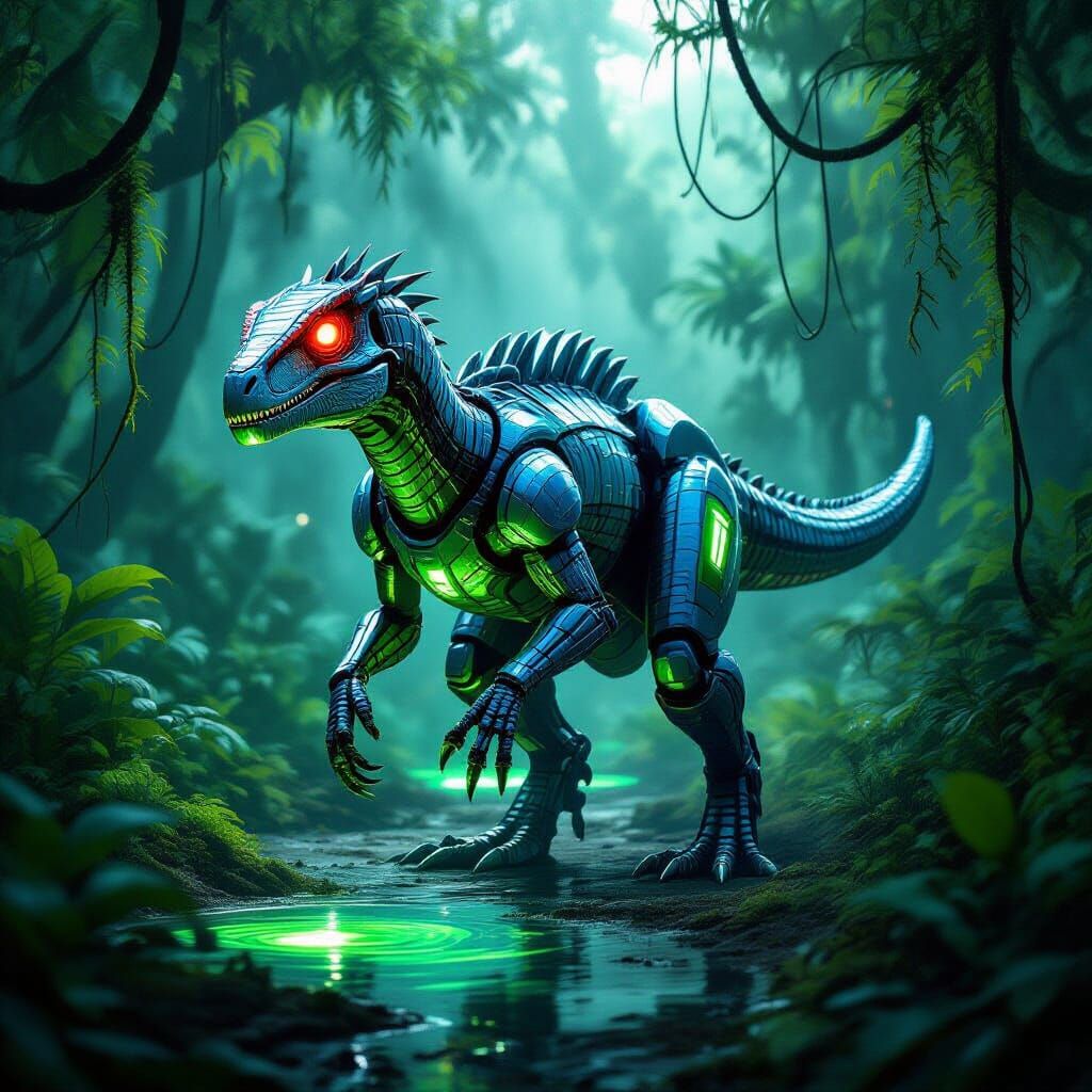 Cyberpunk Robotic Velociraptor in a Machine Rainforest