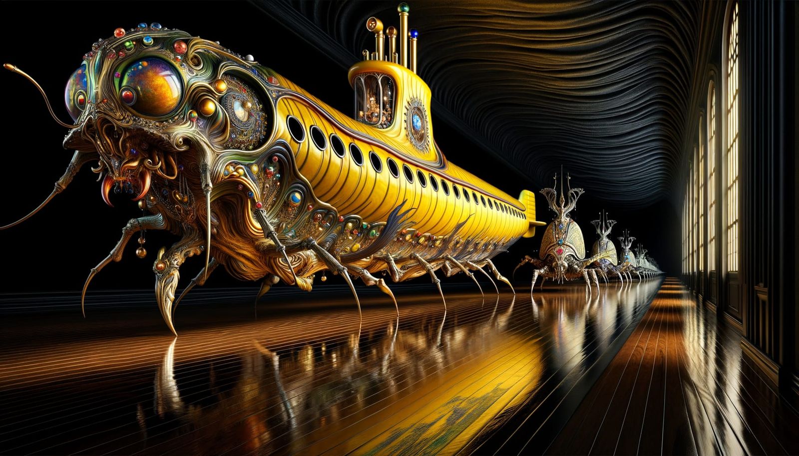 Surreal Yellow Submarine Pulled by Beetles