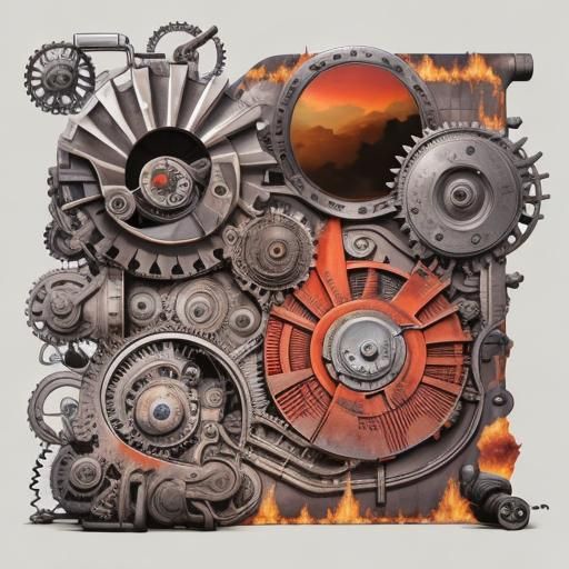 Surreal Bronze Engines and Chrome Wheels in Flames