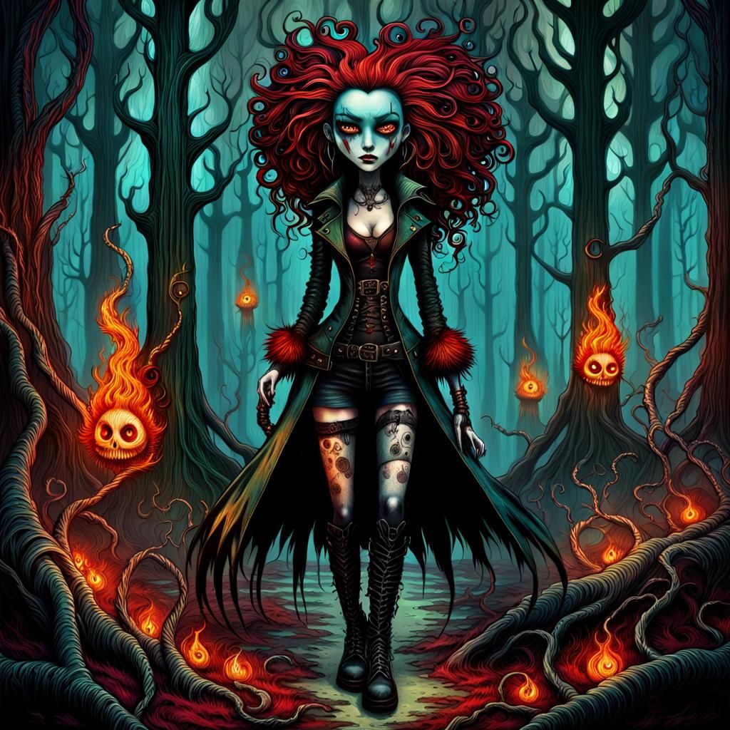 Cyberpunk Rocker in Nightmare Forest, Surreal Digital Art