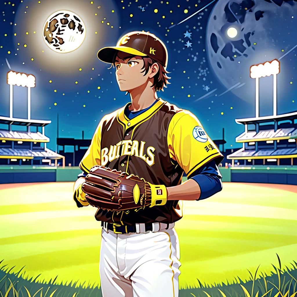 Baseball Player Under Starry Sky, Illustration Style