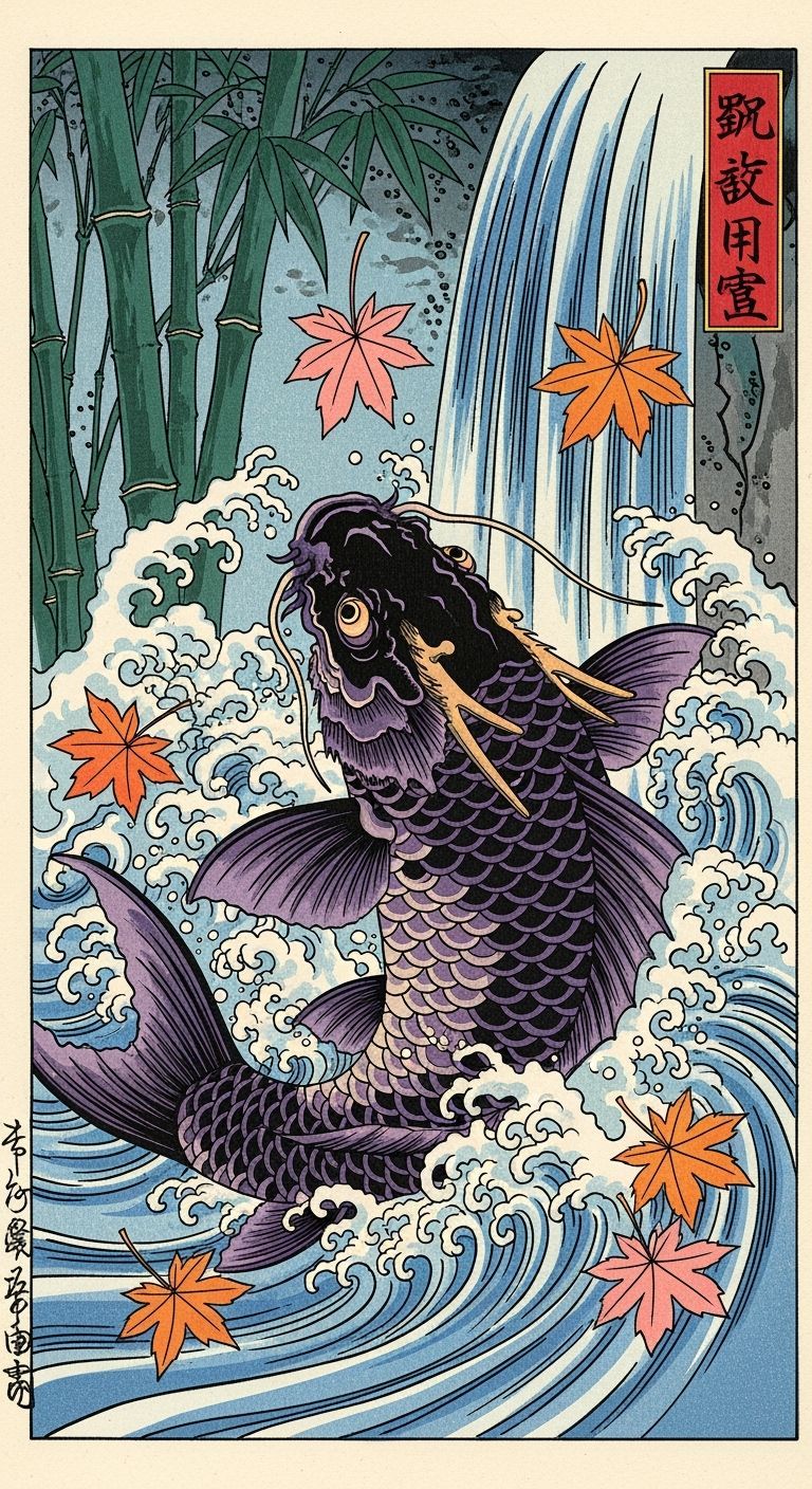 Koi Fish Dragon Transformation in Ukiyo-e Style