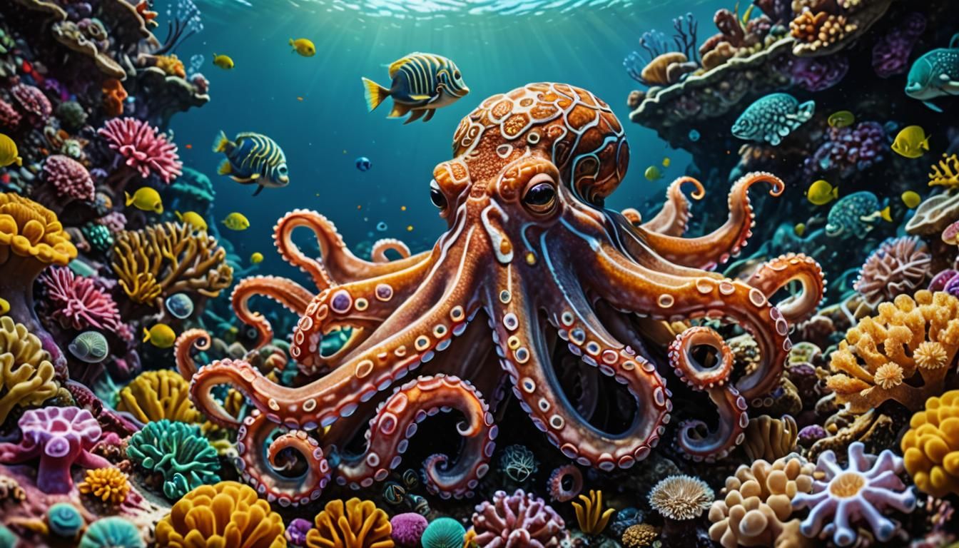 Kaleidoscopic Octopus Family on Sunlit Coral Reef