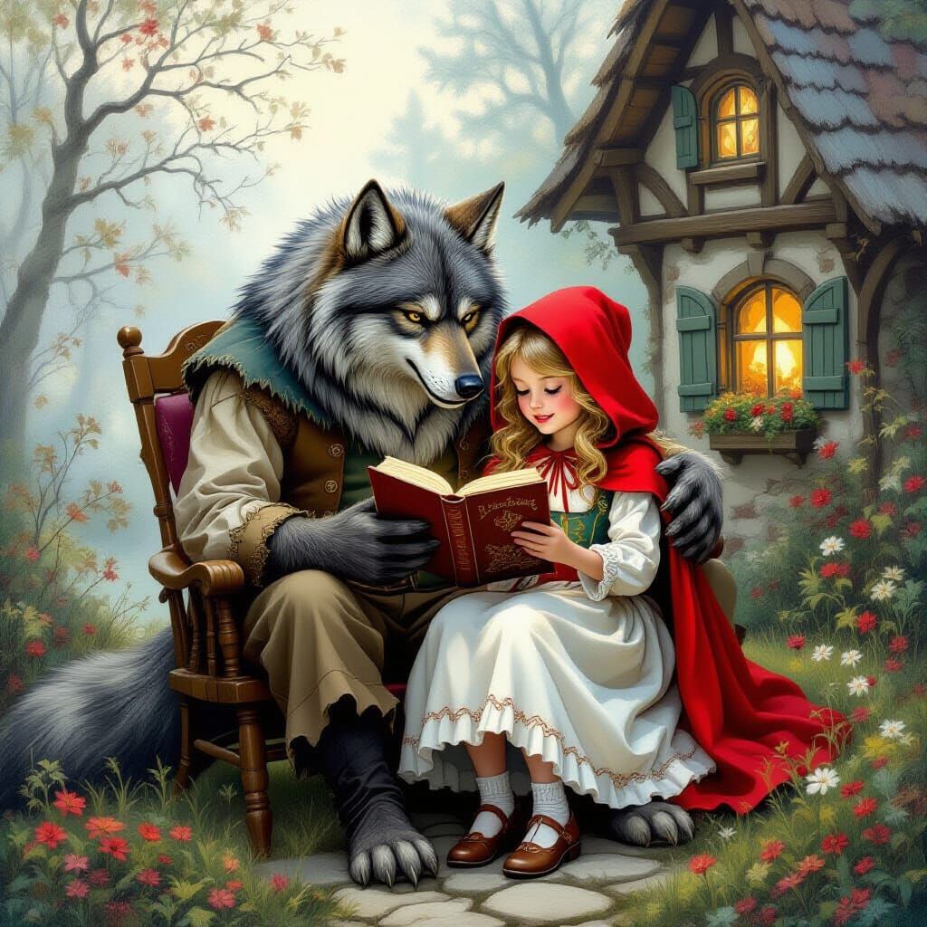 Whimsical Cottage Scene: Little Red Riding Hood with Werewol...