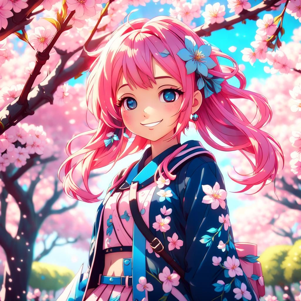 Anime Girl in Cherry Blossoms, Vibrant Digital Art