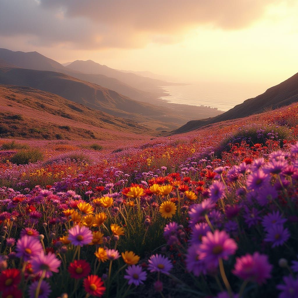 Vibrant Flower Field Landscape with Ocean View