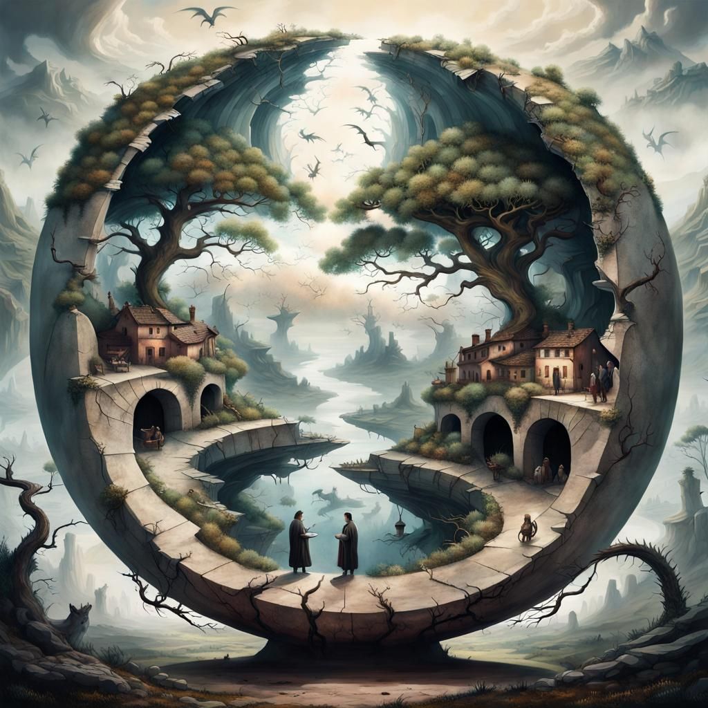 Surreal Cracked World with Dragons and Mythical Creatures