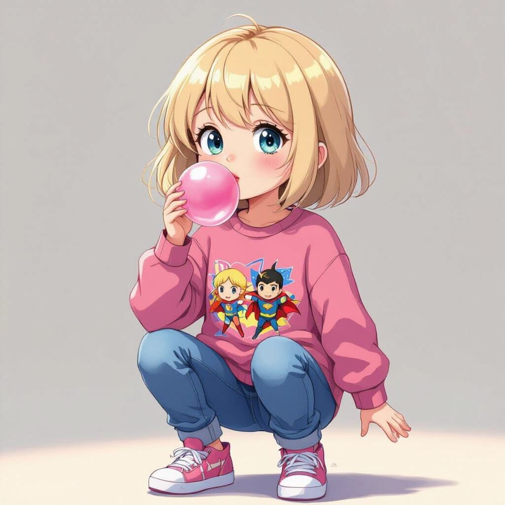 Girl Blowing Bubble in Playful Anime Style