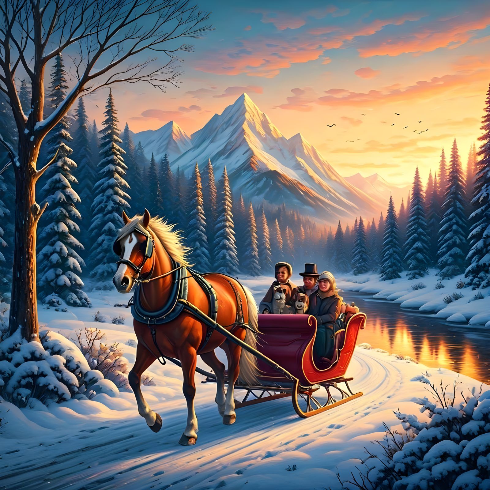 Winter Sleigh Ride with Mountain Backdrop