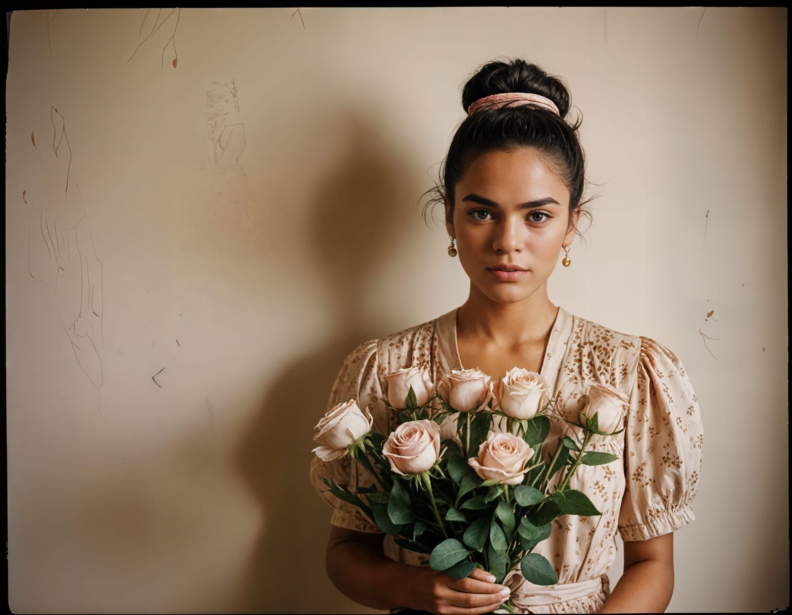 Vintage Mexican Beauty Smiles with Roses