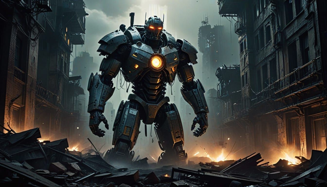 Epic Manga Scene with God-Rays and Metallic Horrors in Comic...