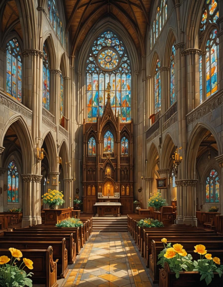 Cathedral Interior Oil Painting with Poppies and Stained Gla...