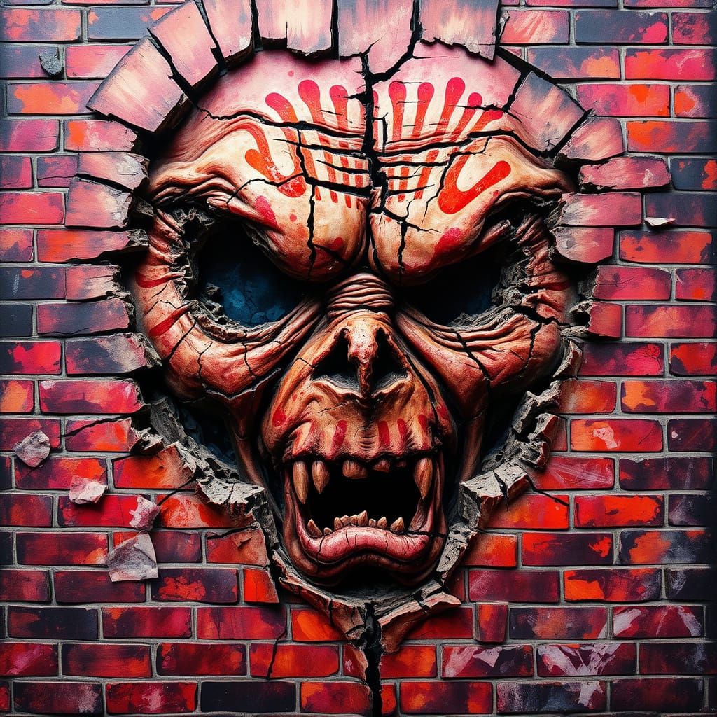 Distressed Brick Wall with Eerily Twisted Face in Alcohol In...