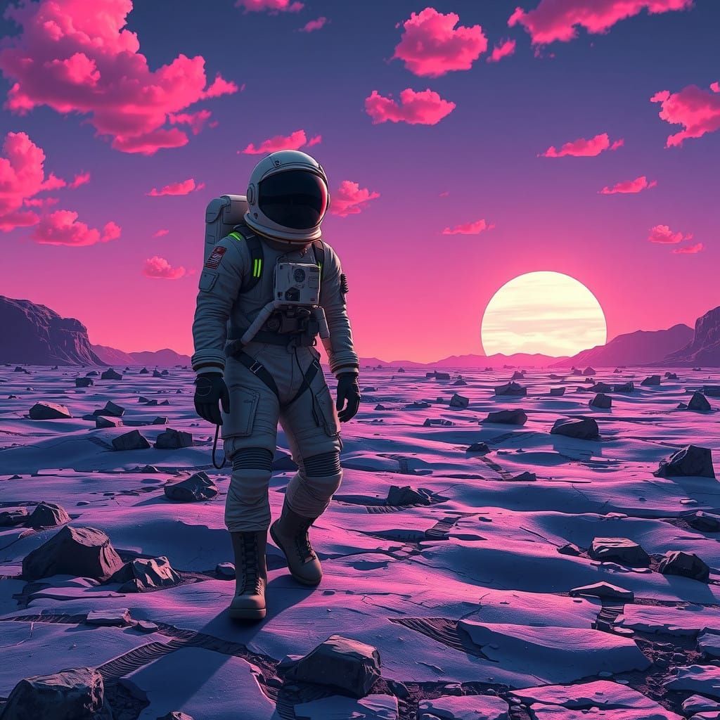 Galactic Lone Astronaut on Moonlit Landscape in 90's Anime S...