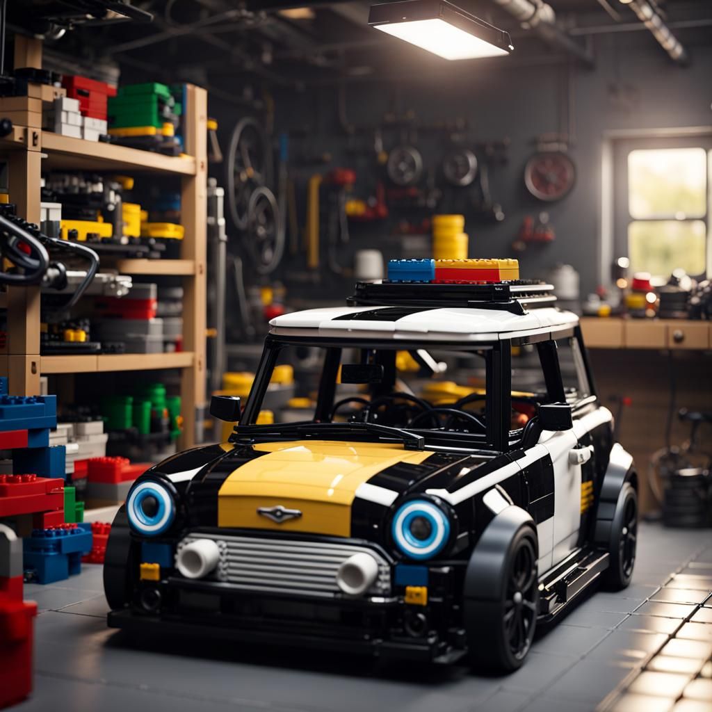 Lego Black Mini Cooper R53 in Garage