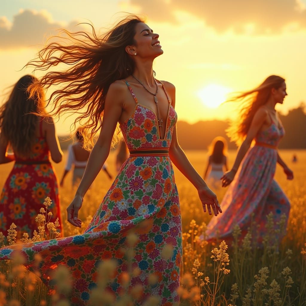 Joyful 70s Hippie Scene in a Sunlit Meadow