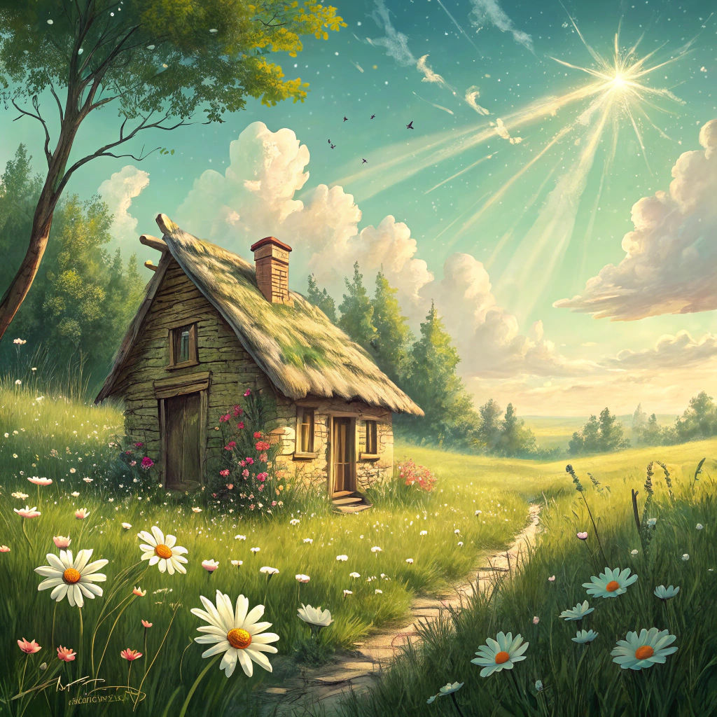 Whimsical Cottage in Meadow: Dreamy Surrealism