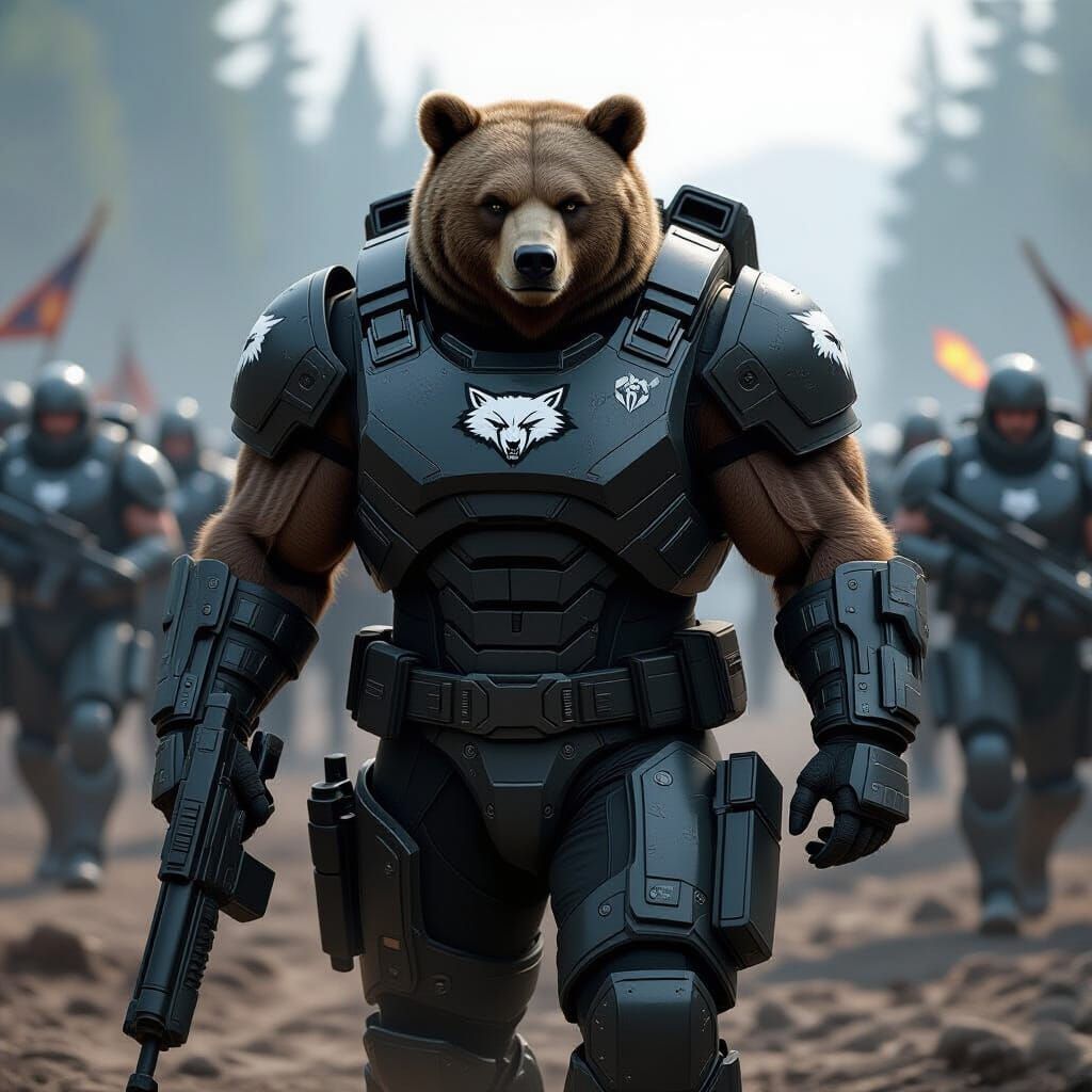 Muscular Grizzly Bear in Power Armor Leads Battlefield Charg...