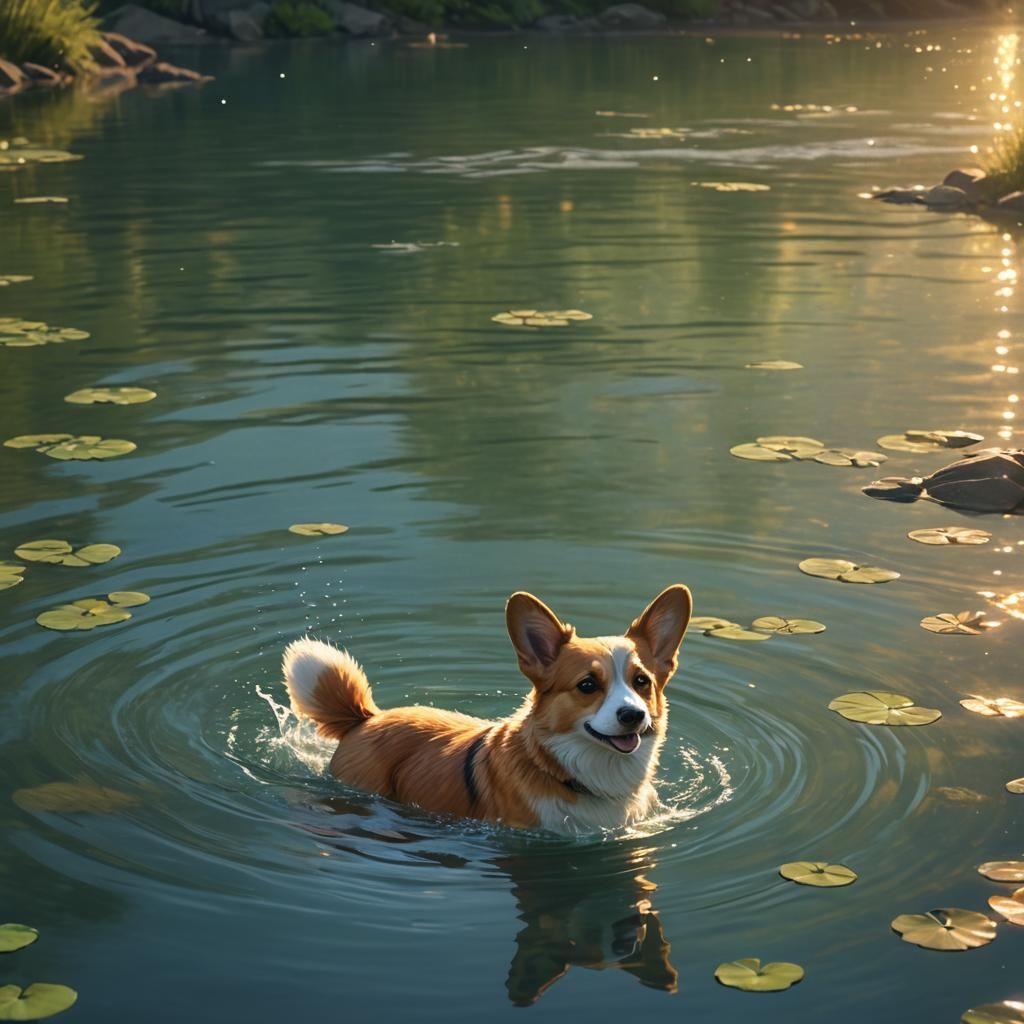 Corgi in Cardigan Swimming in River: Fantasy Art