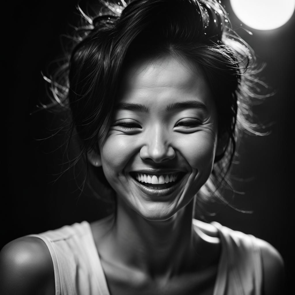 Laughing K-Pop Idol: Black and White Portrait
