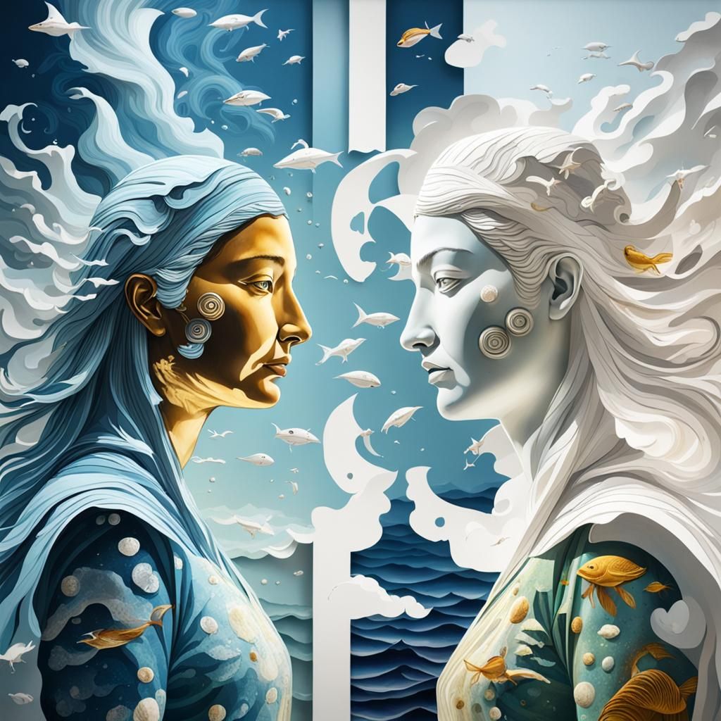 Hyperrealistic Double Exposure Zodiac Seascape Portrait