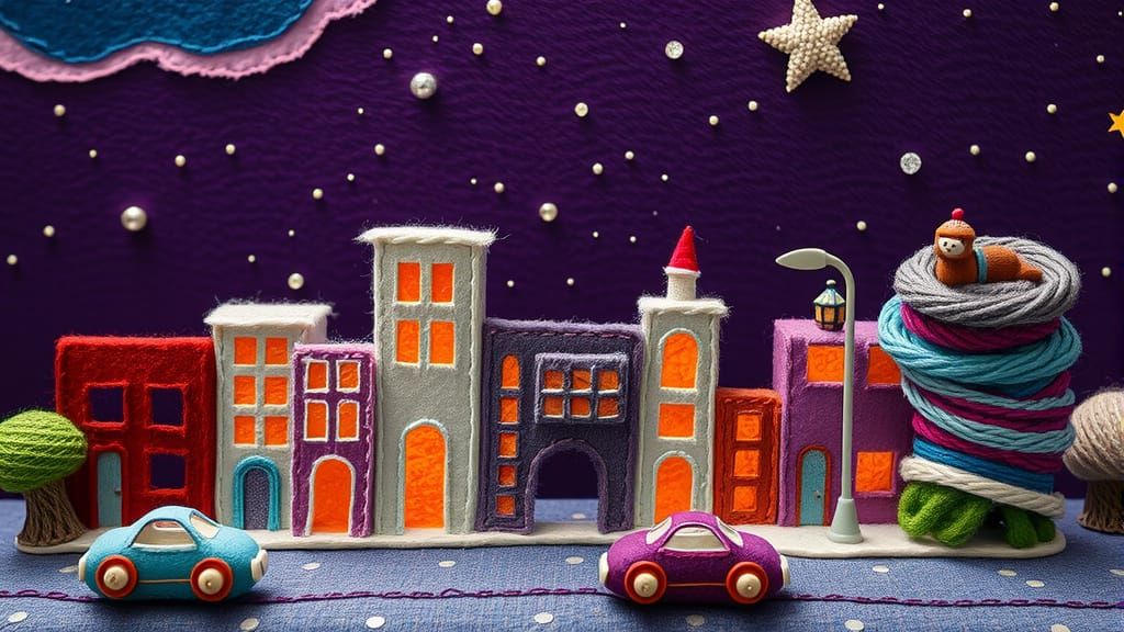 Miniature Felt City under Purple Starry Sky
