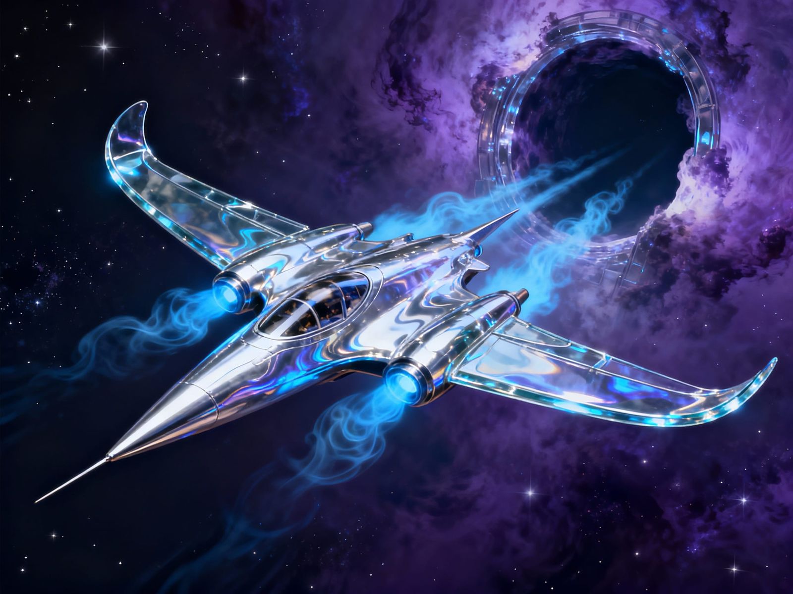 Silver Needle Spaceship Emerging from Nebula Gate