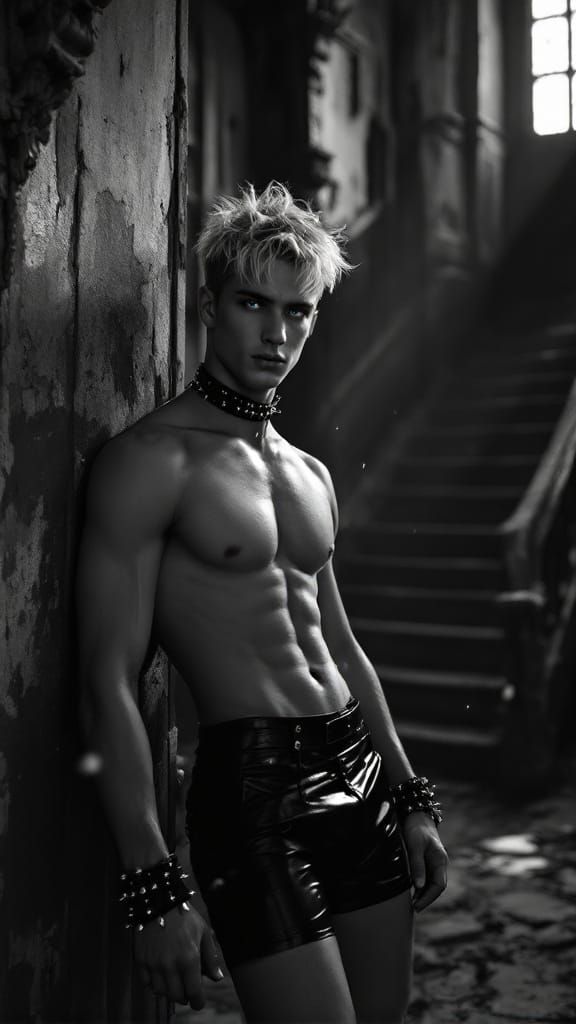 Gothic Interior Portrait: Man in Leather with Platinum Hair