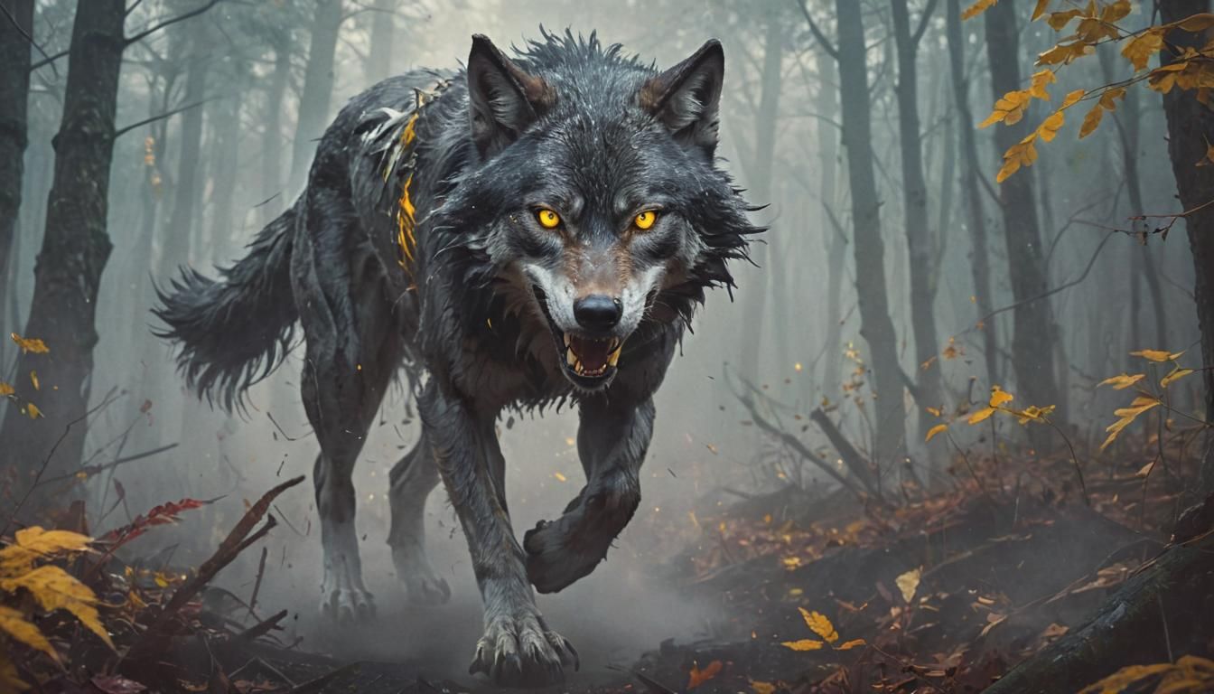 Vibrant Wolf-Like Humanoid Runs Through Misty Forest in Digi...