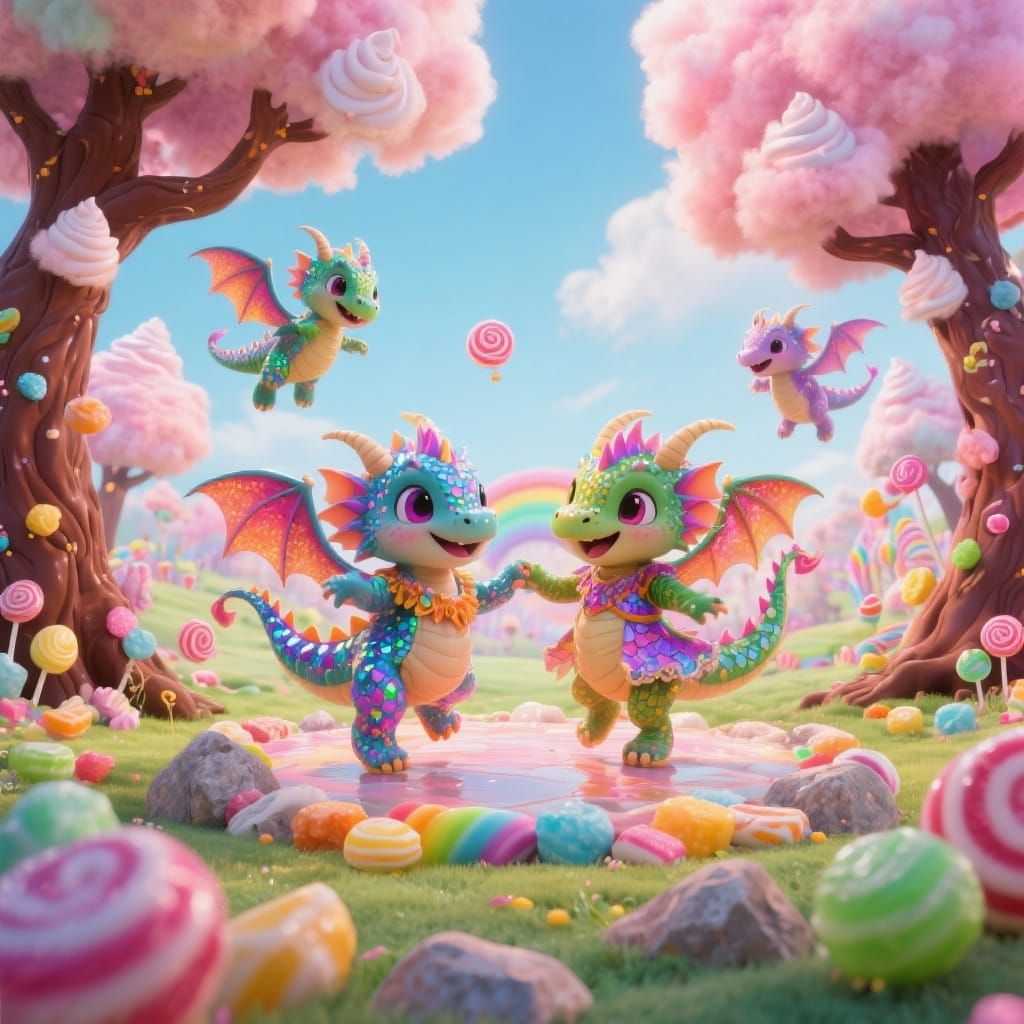 Happy Dragons Dancing in Candyland