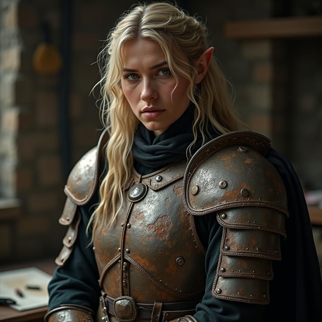 Half-Elf Armorer in Dragon Age-Inspired Workshop