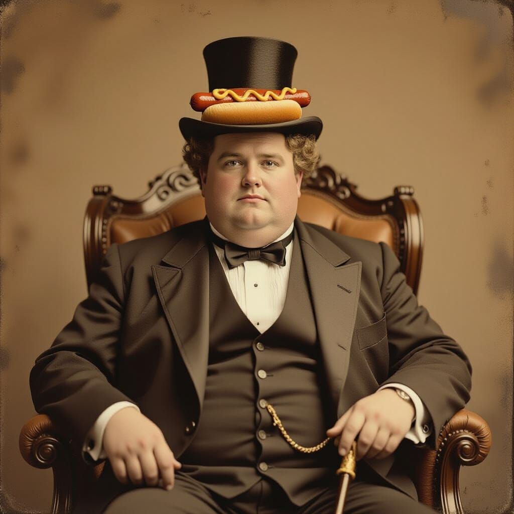 Sepia Tintype of Obese Man with Hotdog Cane