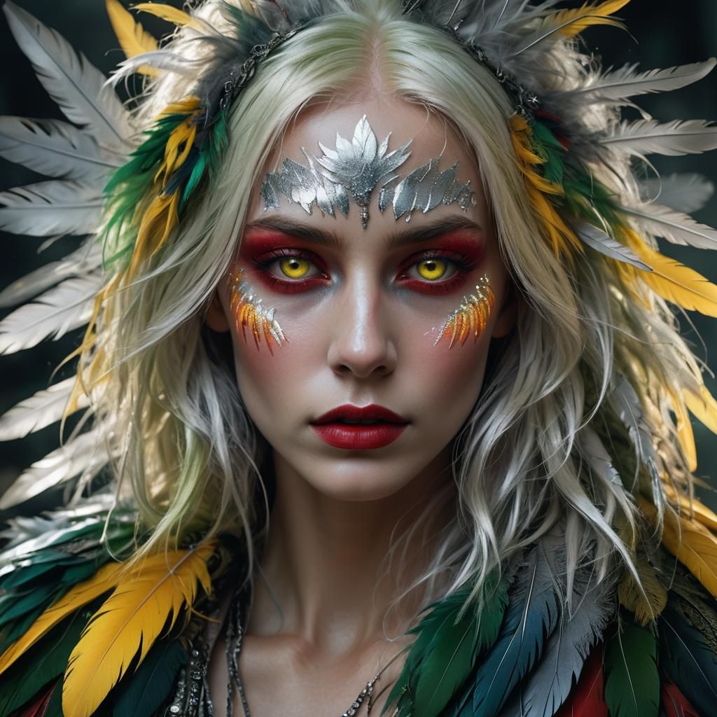 Silver Skinned Woman with Feathers: Hyper-realistic Digital ...