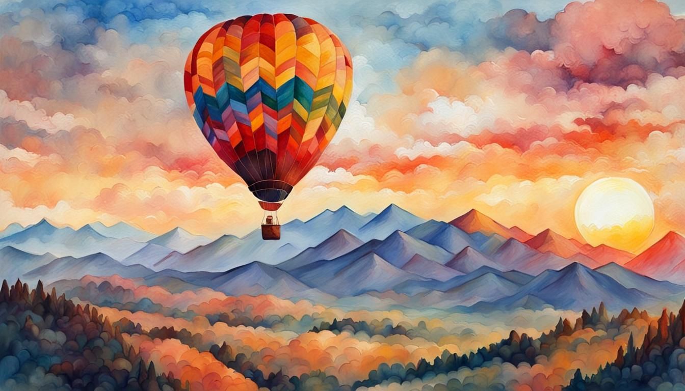 Hot Air Balloon Over Mountains: Gouache Impressionism