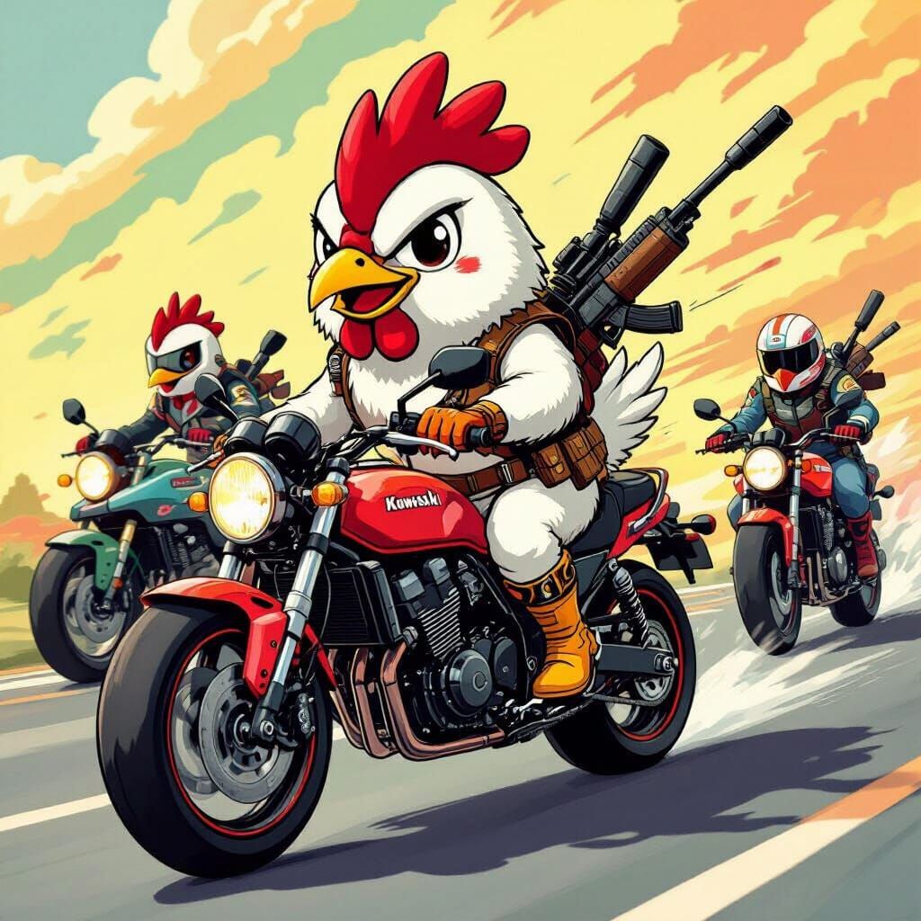 Cartoon Chicken Biker Gang on Motorbikes