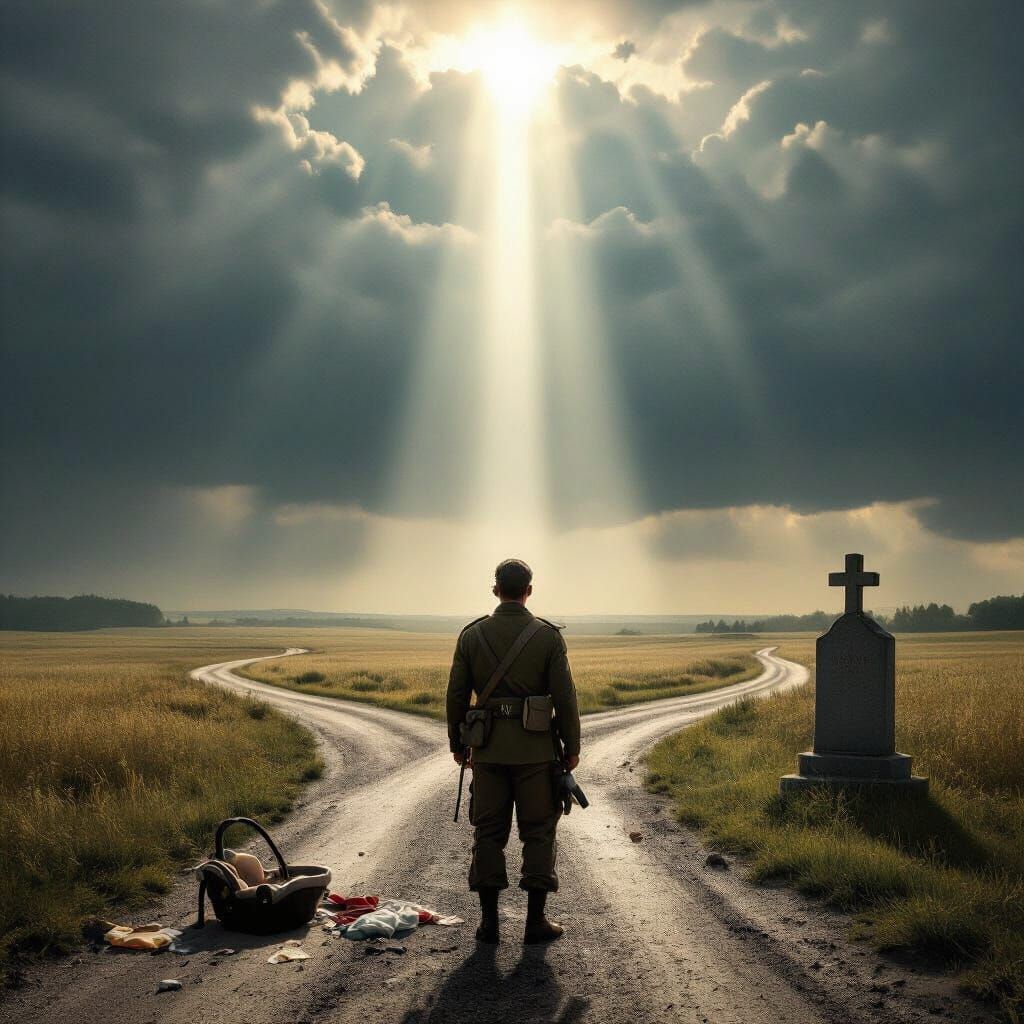 Soldier Contemplates Crossroads: Baby Carrier, Light, Graves...