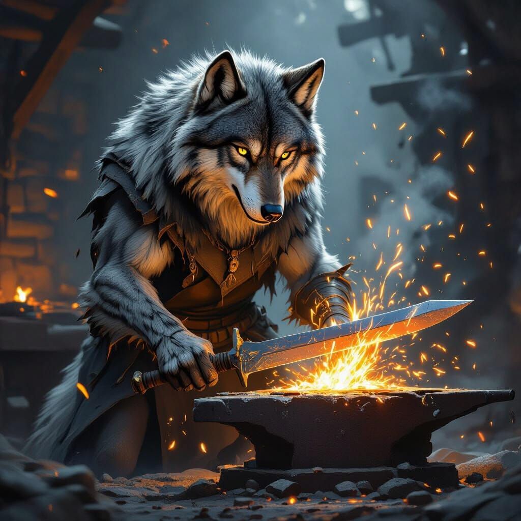 Wolf Blacksmith Forging Swords in Fiery Workshop